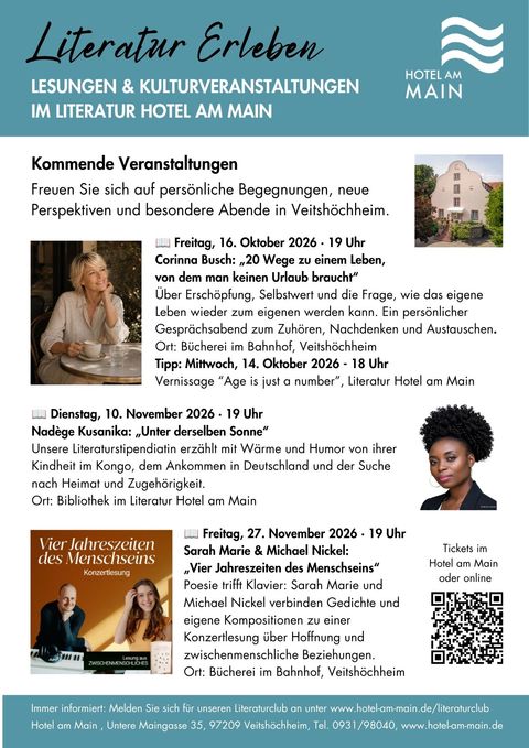 Flyer Literatur Erleben: Lesungen & Kulturveranstaltungen im Literatur Hotel am Main, Herbst 2026